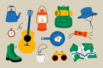 Camping equipment set. Flat vector illustration of hiking and outdoor adventure gear: backpack, boots, map, lantern, flashlight, kettle, hat, binoculars, guitar, frying pan, compass, and coffee mug