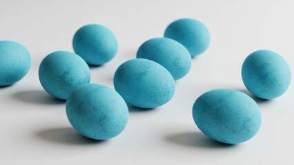 A group of dyed blue eggs on a white surface, clean and simple.