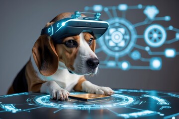 A beagle dog wearing futuristic virtual reality goggles, observing holographic data projections on a high-tech table