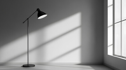 sleek black floor lamp stands in minimalist room, casting shadows on wall from large window. monochrome lighting setup creates serene and modern atmosphere