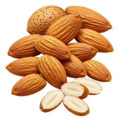 Fototapeta premium A close up shot of a pile of almonds with one still in its shell and green leaves isolated on transparent background