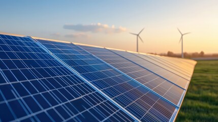 A vibrant landscape featuring solar panels and wind turbines, symbolizing renewable energy and sustainable technology during sunset.