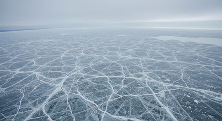 Endless cracked ice surface in frozen lake under a cloudy sky in winter