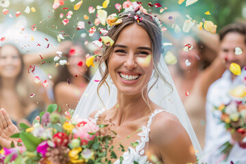 Beautiful bride smiling while holding a bouquet and guests throwing confetti at an outdoor wedding ceremony