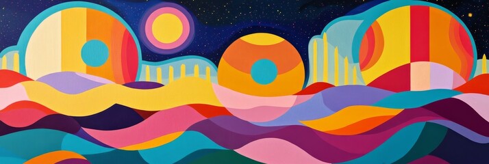 Obraz premium Colorful stylized landscape with planets and waves.