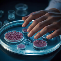 Scientist's Hand Interacting with Petri Dishes Containing Cell Cultures in a Lab