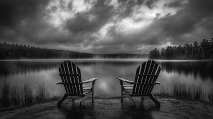 Naklejka premium Two Adirondack Chairs Facing Misty Lake In Black And White