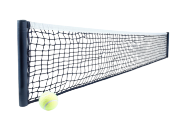 A vibrant tennis ball resting beside a net in a sunlit court during a lively afternoon match isolated on transparent background