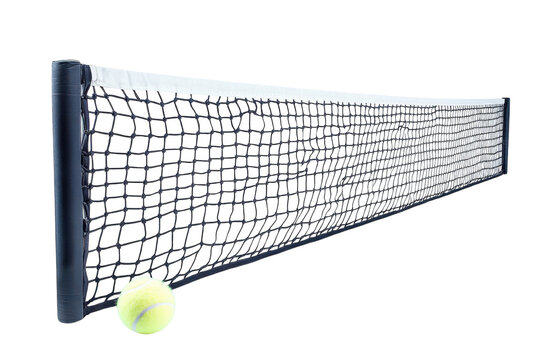 A vibrant tennis ball resting beside a net in a sunlit court during a lively afternoon match isolated on transparent background