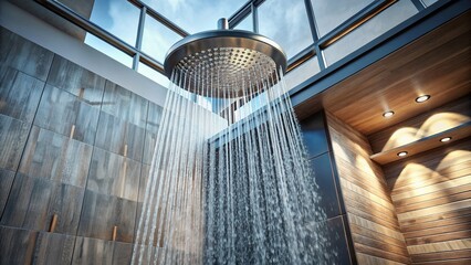 Obraz premium Luxury Rainfall Shower Head, Aerial View, Modern Bathroom Design, Chrome Finish