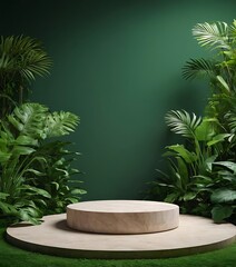 A round marble podium surrounded by lush green tropical foliage, creating a vibrant and natural product display backdrop.lush, vibrant, foliage, marble, showcase, tropical, beauty, green,123