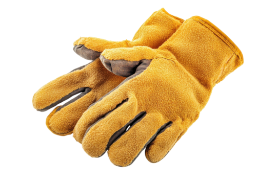 Protective gloves resting on a table after a day of hard work in the garden during autumn isolated on transparent background