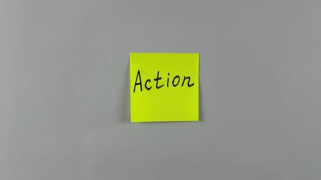Video featuring yellow sticky note with the word Action written on it, pinned on white background. Symbolizes initiative, movement, and productivity. Ideal for motivational and business concepts