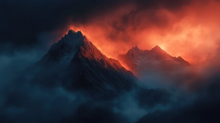 Obraz premium Dramatic Mountain Peaks In Fiery Sunset Sky