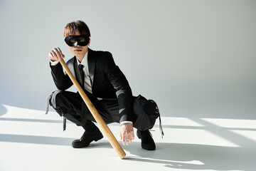 Stylish young man in a mask poses with a wooden bat in a bright indoor setting