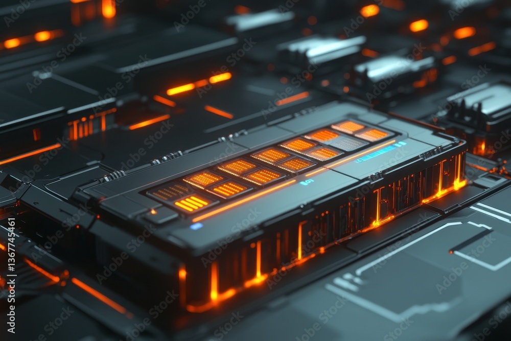 Poster futuristic circuit board with glowing orange elements and intricate designs in high-tech environment