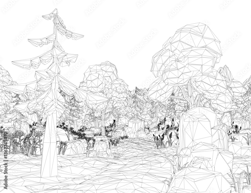 Poster a black and white drawing of a forest with a tree in the foreground. the trees are sparse and the sk
