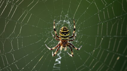 Spider in web against a green background in close-up details