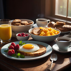 Sunny side up egg on toast with raspberries for a delicious breakfast alongside scrambled eggs and orange juice