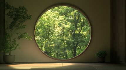 Circular Window With Forest View And Indoor Plants