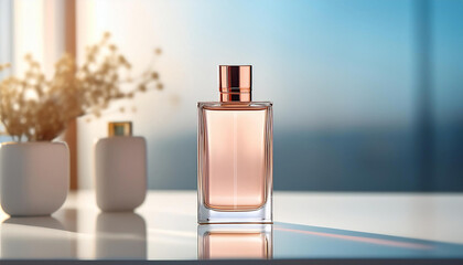 Elegant Blank Perfume Bottle Mockup in a Cool Temperature with Reflection Background and Natural Daylight