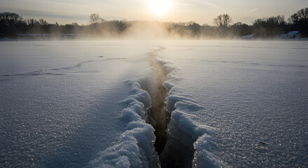 Frozen river crack with rising frost smoke under the sunrise in winter landscape