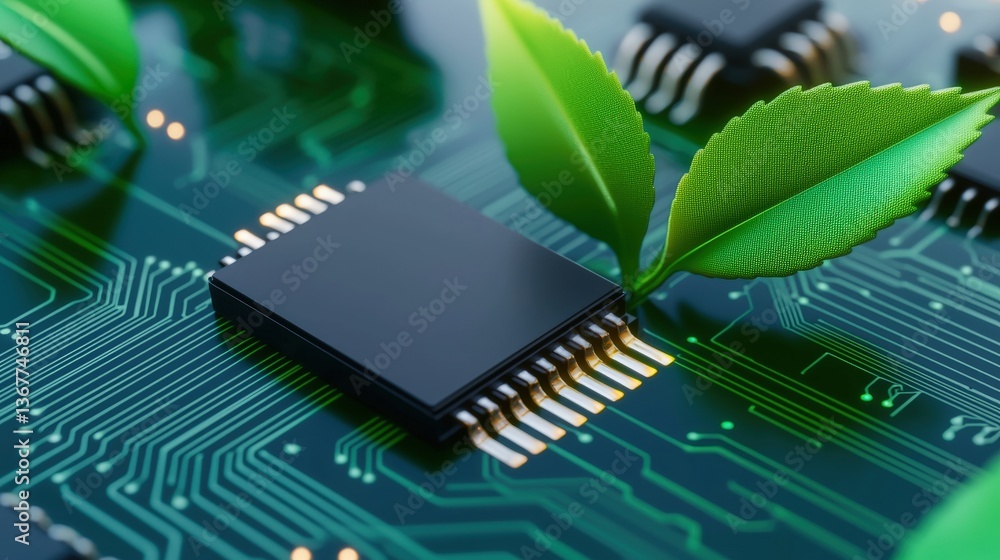 Poster a circuit board featuring a microchip intertwined with green leaves, symbolizing the fusion of techn