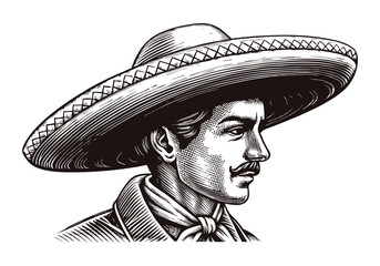 Black and white engraving-style illustration of a traditional Mexican charro in a sombrero with fine details and vintage aesthetic