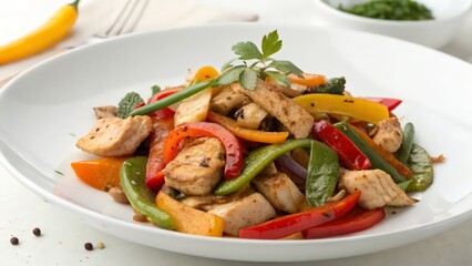 Colorful Chicken Stir-Fry with Fresh Vegetables and Sesame Seeds on a White Plate for Asian Cuisine Photography  

