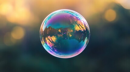 Colorful Soap Bubble Floating With Nature Reflection