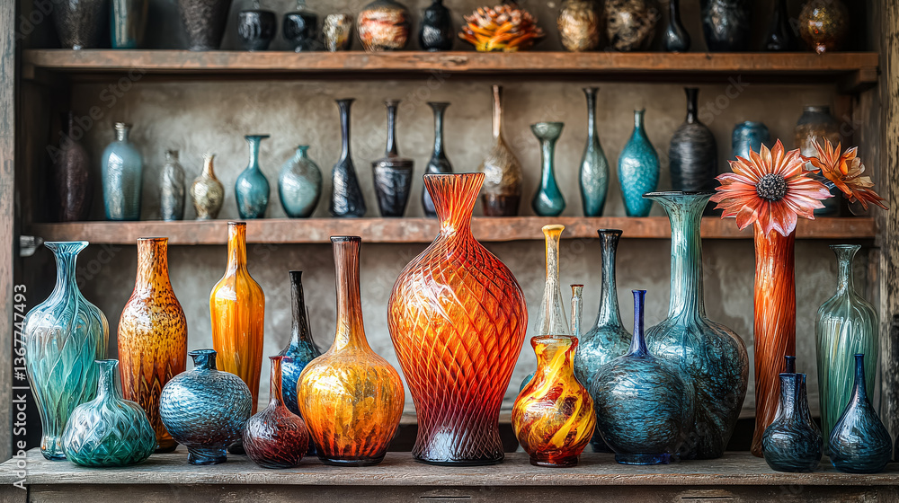 Poster shelf full of vases of different colors and shapes. the vases are arranged in a way that they look l