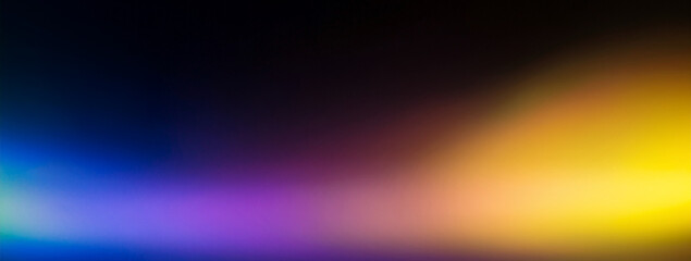 Banner. Defocused yellow blue magenta ultraviolet radiance soft texture on dark black abstract empty space background. Neon blur glow. Color light overlay. Copy space.