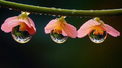 Pink Flowers With Water Droplets Reflecting Floral Scene