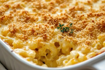 delicious closeup of cheesy mac and cheese casserole with a crunchy golden topping in a white baking dish inviting comfort food vibes with rich textures