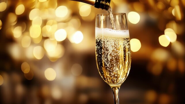 Sparkling wine being poured into a champagne flute with bokeh background  