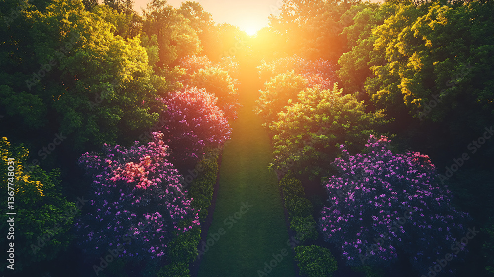 Poster enchanting forest scene filled with tall trees and colorful flowers creating a serene and harmonious