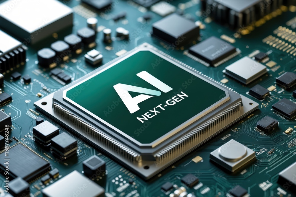 Poster close-up view of a modern microchip on a circuit board featuring intricate details and vibrant color