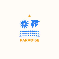 Paradise vector logo template. Sea beach emblem with flower, bird and sun.  Summer artwork for t-shirt and shopper bag design. Vector illustration. Fabric textile print.