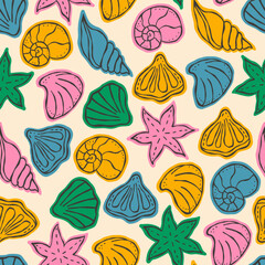 Seamless pattern with colorfull various seashells.Trendy hand drawn art background. Surface cover design. Fabric textile print.