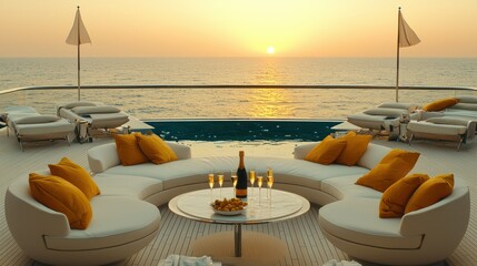 Yacht luxury plush lounge, golden sunset over the sea
