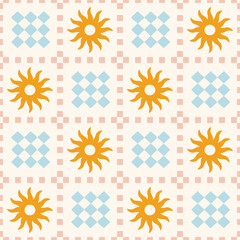 Patchwork seamless checkered pattern with sun flowers. Groovy retro background. Fabric textile print. Surface cover design.