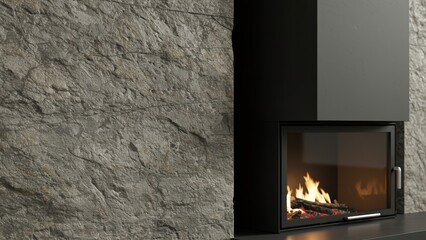 A modern fireplace with a stone wall and burning flames inside.