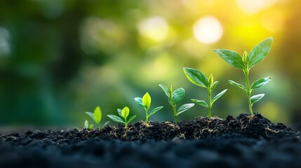 Progress through hard work: The growth mindset journey Growing sprouts in rich dark soil under sunlight, symbolic growth mindset journey through seedling and plant progress