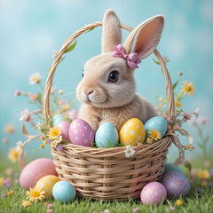 Vibrant Pastel Rabbit Enjoying Colourful Easter Basket Filled with