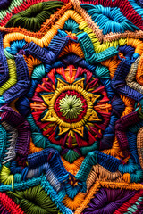 Intricate Kaleidoscope Yarn Craft Pattern Showcasing Vibrant Intertwined Colors and Textures