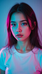 Fototapeta premium Woman With Vibrant Pink Lighting Portrait And Soft Shadows For Beauty Artistic Design Background