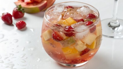 Refreshing Sparkling Fruit Infused Drink with Ice and Berries on a Chilled Surface for Summer Beverages  
