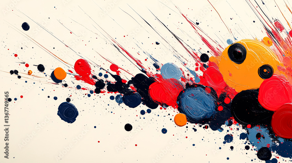 Poster painting of splatters of paint with a red and yellow circle in the middle. the splatters are of diff