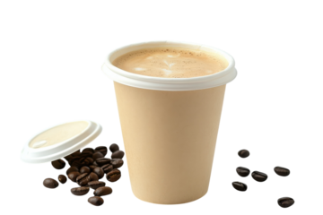 Warm coffee in a disposable cup surrounded by scattered coffee beans on a bright surface isolated on transparent background