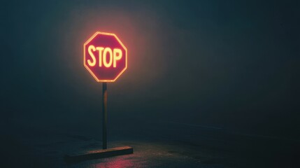 Neon Stop Sign Illuminating Dark and Foggy Urban Street Scene